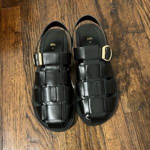 Zara flat sandals size 38 black brand new with tan wooven leather